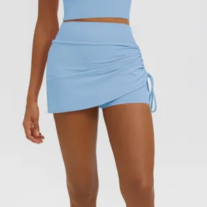 Light blue high waist ruched athletic yoga skort fake two piece fitness running skirt detail view
