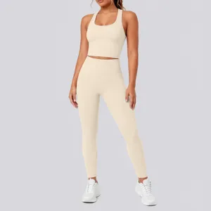 Beige ribbed workout set featuring a scoop neck crop top and high waist fitness yoga leggings.