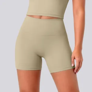 Close-up detail of high-waisted seamless yoga shorts and crop top set, breathable and stretchy.
