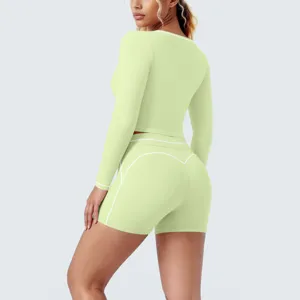 Seamless long sleeve crop top shorts yoga set for women fitness running workout activewear.