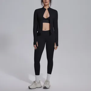 Completo sportivo da donna 3 pezzi fitness yoga giacca leggings nero elegante.