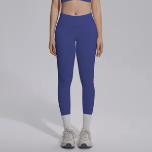 Seamless high-waist solid blue yoga leggings and sports top set for women fitness running gym.