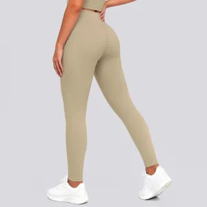 High waist stretch nude feeling yoga pants back view detail showing butt lifting design fit.