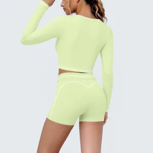 Long sleeve crop top and shorts yoga set two piece activewear for women gym workout apparel