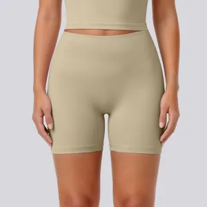 Close-up view of high-waisted naked-feeling yoga shorts detail, stretchy breathable fabric.