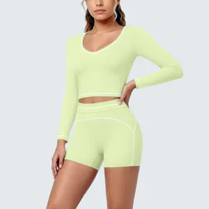 Green long sleeve crop top and shorts yoga set, high stretch activewear fitness sportswear.