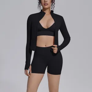 Seamless black athletic 3-piece yoga set with jacket, bra and shorts for daily fitness.