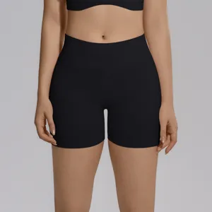 Black seamless high waist yoga shorts detail view, professional fitness sportswear athletic wear.