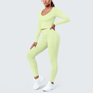 Women long sleeve yoga set activewear crop top and high waist leggings with contrast piping gym