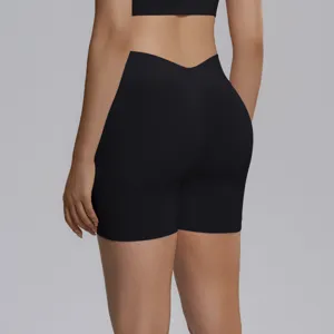 Black seamless high waist V-waist yoga shorts, peach butt lifting fitness activewear pants.