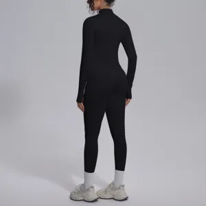Donna top sportivo manica lunga nero e leggings set yoga fitness abbigliamento sport