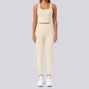 Solid color nude feel sports yoga set two piece workout gym fitness running apparel activewear