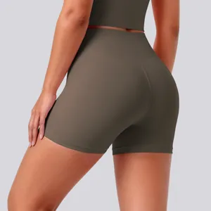 High-waisted yoga shorts back view detail, seamless stretchy activewear for workout fitness.
