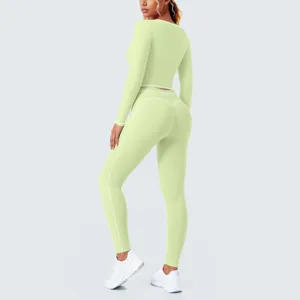 Women long sleeve crop top and leggings yoga set activewear gym fitness workout apparel
