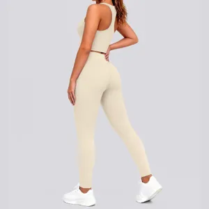 Beige nude-feeling solid color racerback tight yoga suit set, detail view of fitness wear.