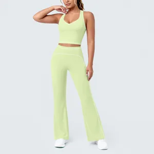 Ensemble yoga femme passepoil contrasté soutien-gorge sport pantalon évasé fitness sport
