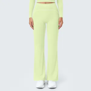Light green high waist wide leg yoga pants, contrast trim casual sports fitness trousers for women.