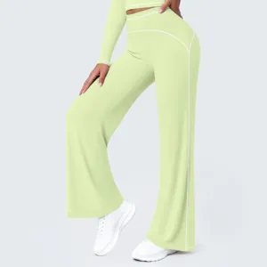 High waist contrast piping details on activewear wide leg pants for workout and yoga.