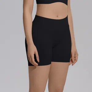 High waist seamless V-waist yoga shorts for fitness, running, and gym workouts. Black style.