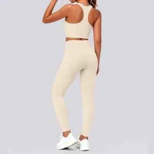 Back view detail of nude-feel seamless sports yoga set with racerback bra and leggings.