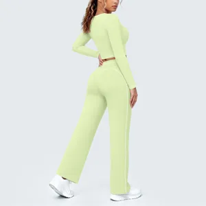 Nacktes gefühl langarm crop top weite yoga hosen set, bequeme kontrastpaspel sportswear.