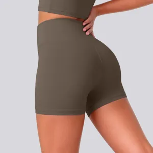 Close-up detail of high-waisted seamless athletic yoga shorts in deep khaki, comfortable fit.