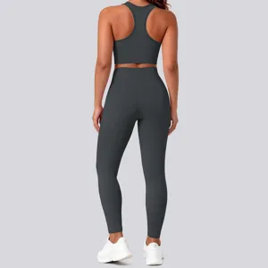 Detail view of the nude-feel solid color racerback tight yoga set for fitness and running.