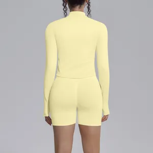 Seamless solid color yoga long sleeve top and shorts activewear set for fitness running.