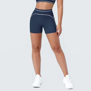 Dames sport fitness yoga shorts set, hoge taille contrasterende ademende sportkleding detail.