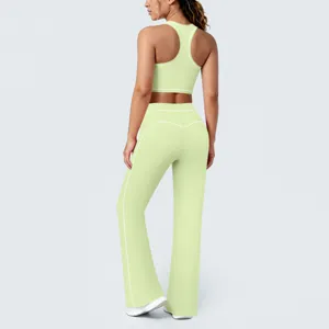 Ensemble soutiens-gorge de sport et pantalon de yoga évasé vert pour femme fitness