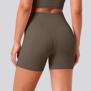 Detailed view of high-waisted yoga shorts featuring breathable fabric for fitness training