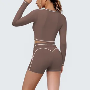 Brown long sleeve crop top shorts yoga set activewear for women fitness running workout outfit