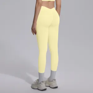 Detail view of high-elastic seamless solid color yoga leggings back design shown.