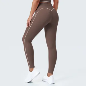 Leggings de yoga marrones de tiza alta con ribetes blancos contrastantes, mallas deportivas.