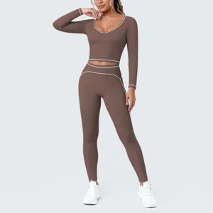 Women contrast piping brushed low cut long sleeve crop top yoga leggings fitness gym set