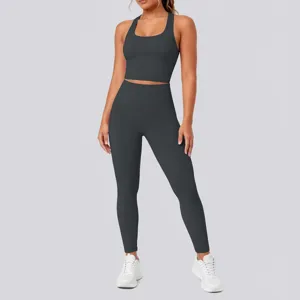 Seamless nude-feeling ribbed sports bra and high-waisted yoga leggings activewear set.