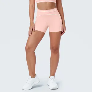Roze sport yoga crop top en hoge taille korte broek set, ademende fitnesskleding.