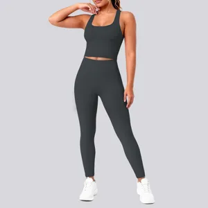 Seamless nude feeling sports bra and high-waist leggings yoga set in dark grey workout.