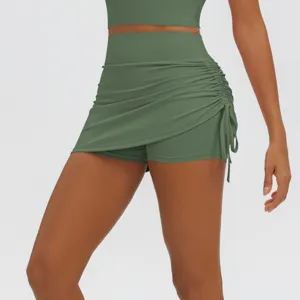 High waist ruched yoga skort with built-in shorts, breathable stretchy fitness activewear.