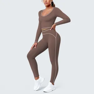Women brown long sleeve crop top high waist yoga leggings set athletic workout fitness sportswear