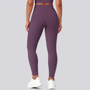 Back detail view of high-waist seamless purple yoga pants for women gym workout activewear.