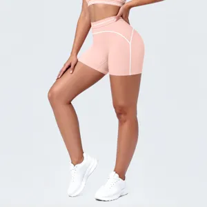 Detailopname van dames contrast bies hoge taille stretch yoga fitness sportshorts activewear.