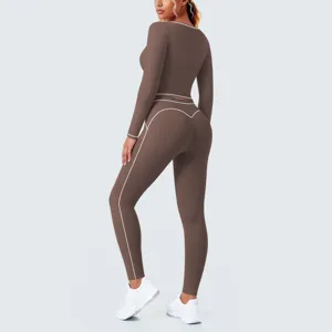 Women contrast piping brushed long sleeve yoga crop top and high waist leggings sportswear set.