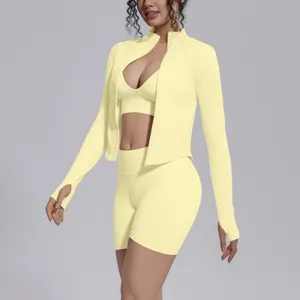 Detailed view of the seamless activewear set featuring a zip-up jacket and matching shorts.