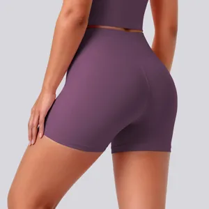 High-waisted tight fitness yoga shorts for women, stretchy athletic running shorts, plum.
