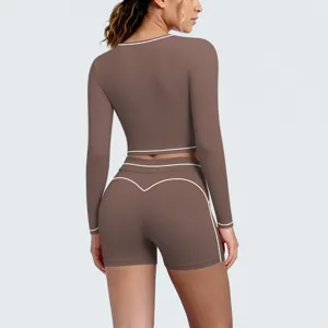 Brown long sleeve crop top and shorts yoga set for women fitness running gym activewear