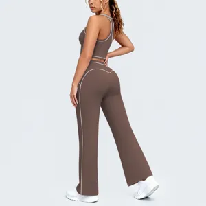 Ensemble haut court pantalon yoga evase contraste fitness sport vetement detail vue
