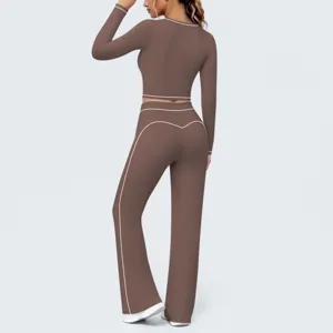 Damen braunes Kontrast Besatz Langarm Crop Top Schlag Yoga Hosen Sportbekleidung Set.