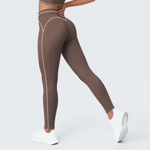 Leggings de yoga marrones de talle alto con ribete blanco para mujer fitness running