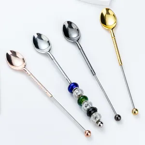 Cucchiaio a Manico Lungo Stile Europeo Cucchiaio da Caffè Perlinato DIY Cucchiaio da Dessert in Lega Metallica Posate da Cucina